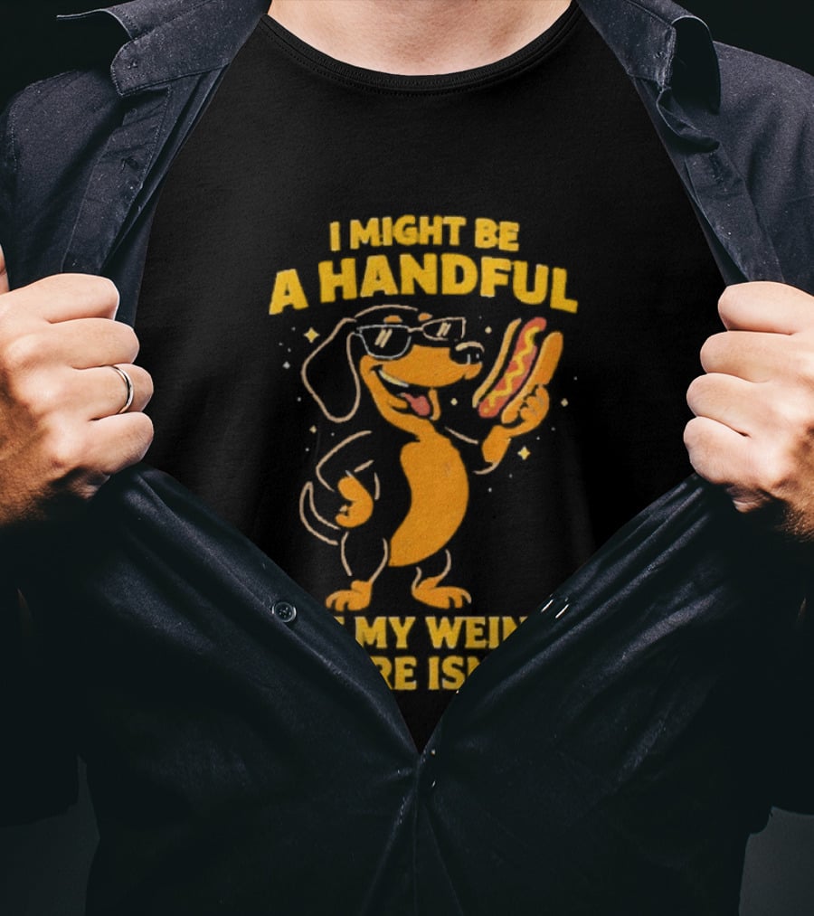 I Might Be A Handful But My Weiner Sure Isn't Hotdog Dog Wearing Glasses Holding Hotdog T-Shirt