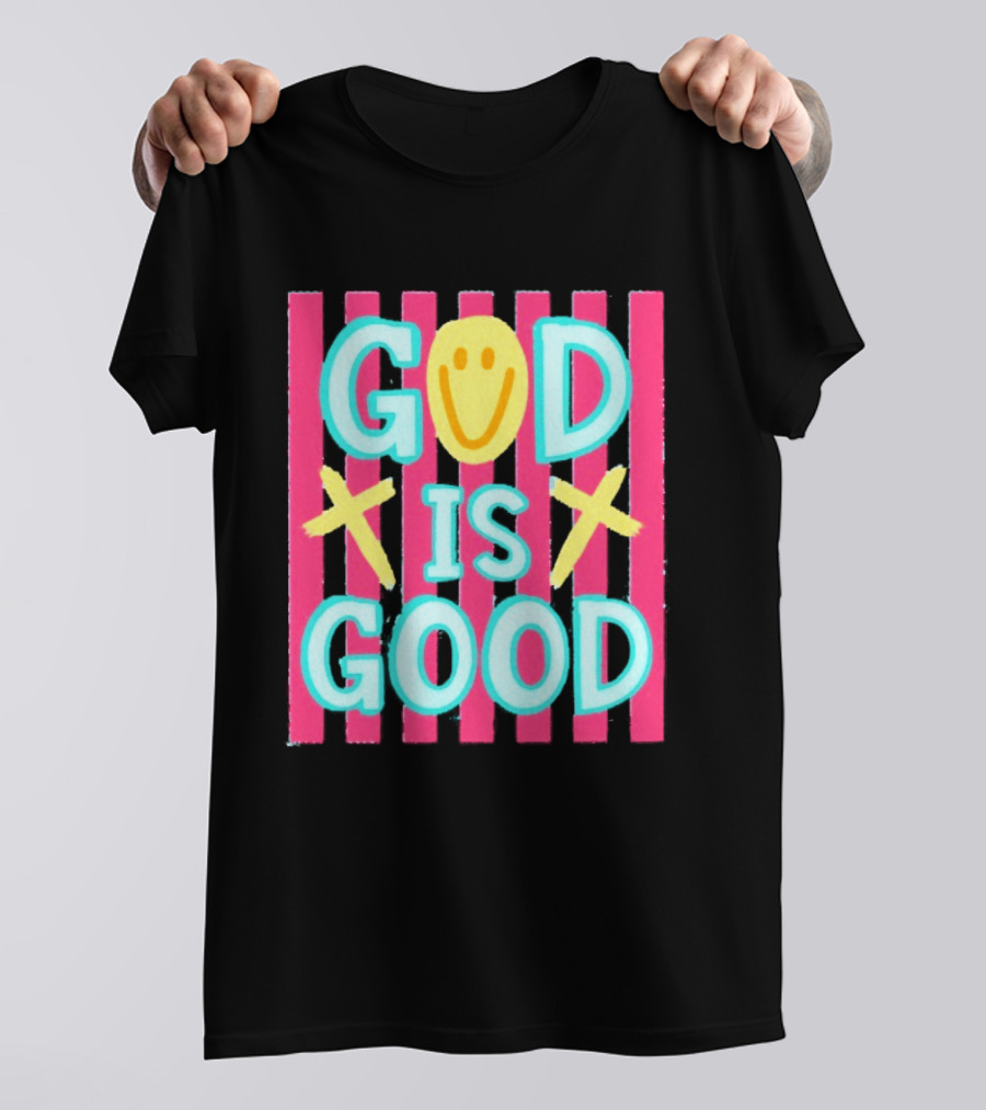 God Is Good Smiley Face Crosses Pink Stripes T-Shirt