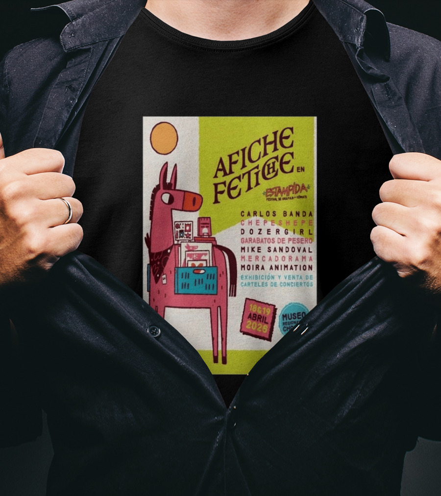 Afiche Fetiche Estampida Festival Gráfica Cómics Cholula Abril 2026 Museo Regional Exhibición Carteles Conciertos T-Shirt