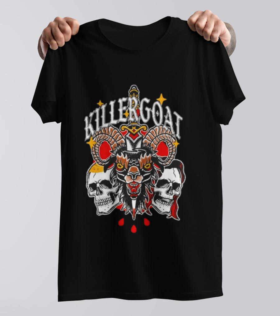 Killer Goat Skull Blood Drops And Horned Beast With Skulls And Sword T-Shirt