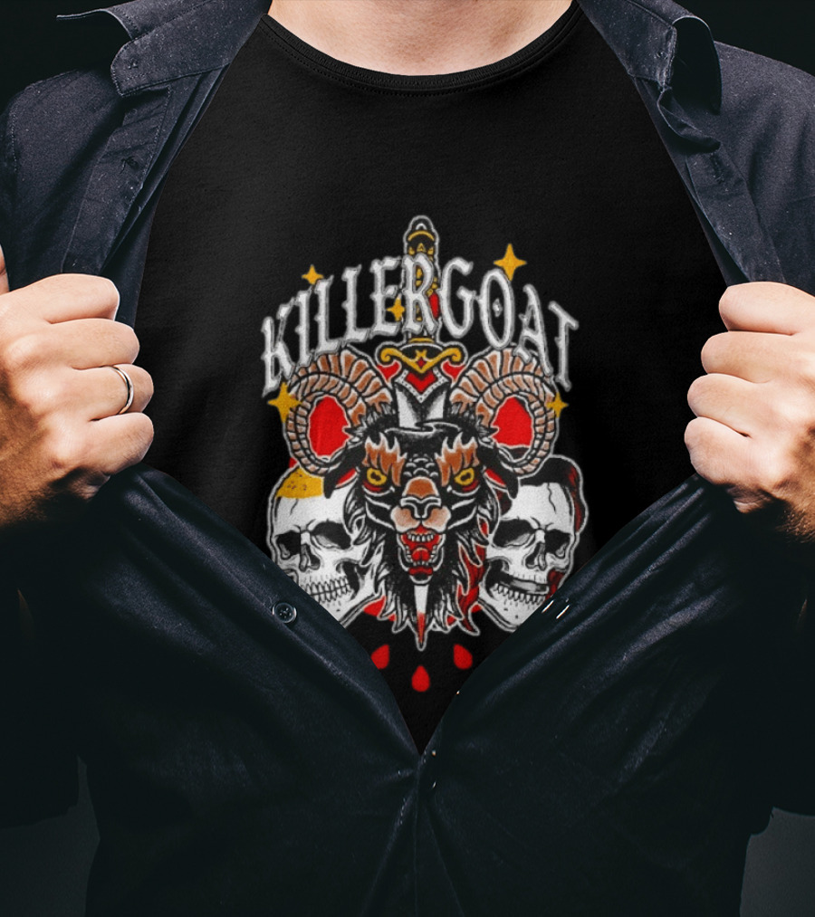 Killer Goat Skull Blood Drops And Horned Beast With Skulls And Sword T-Shirt