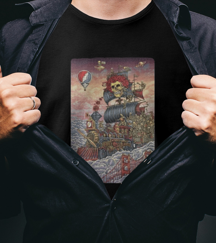 Dead And Company Emek Trip Of Fools Skull Train And Roses In Clouds T-Shirt