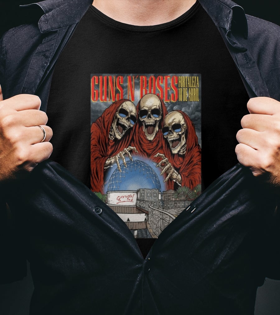 Guns N' Roses Fortaleza 18 De Abril Skeleton Red Hooded Figures Concert T-Shirt
