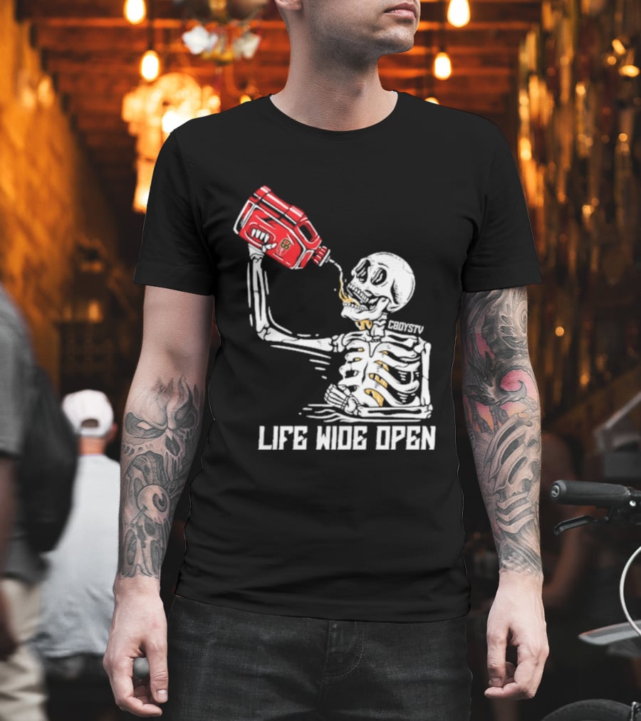 Cboystv Life Wide Open Skeleton Drinking Soul Fuel T-Shirt