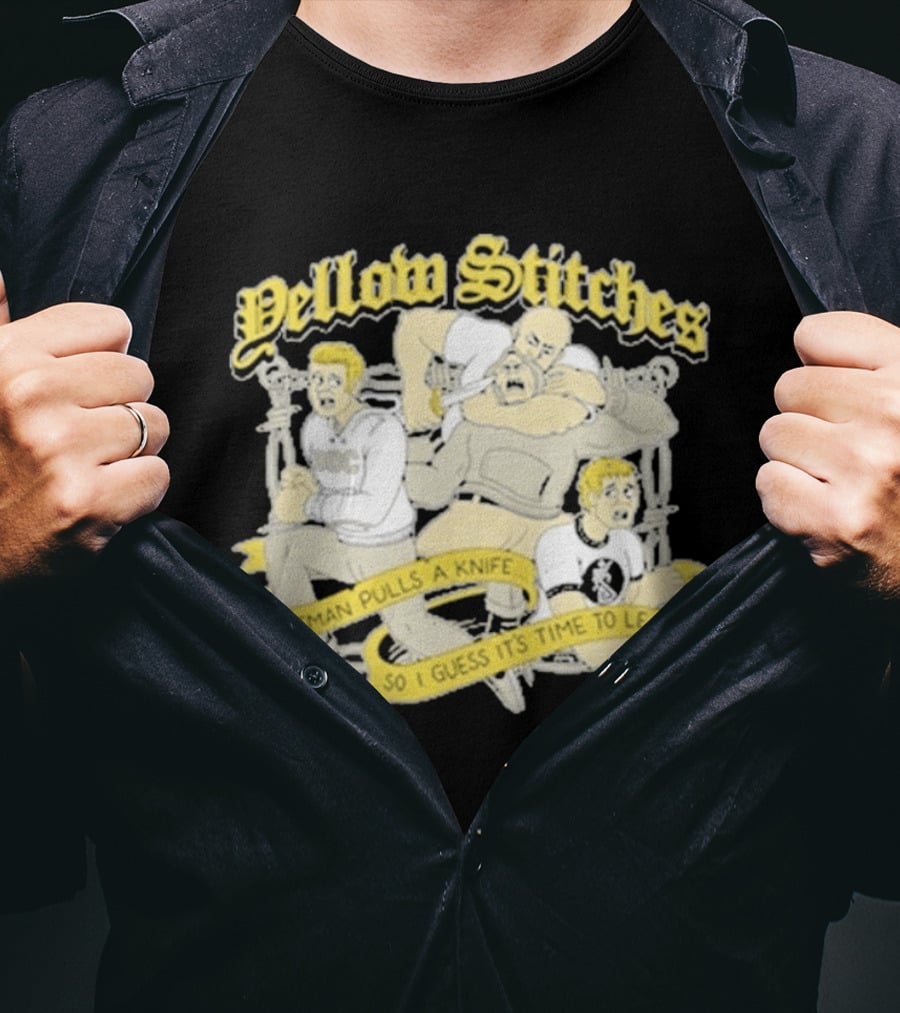 Yellow Stitches Friends Family Forever ROC Fatman Pulls A Knife T-Shirt