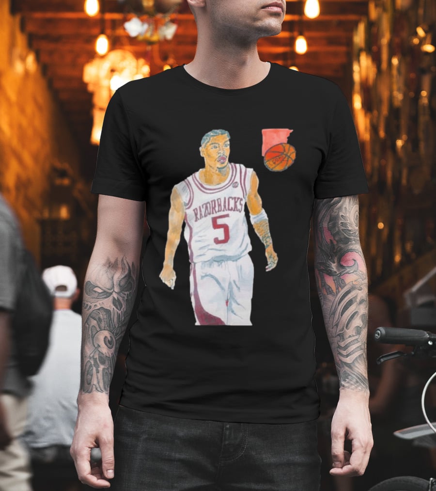 Arkansas Razorbacks Basketball Darius Acuff Jr. Caricature Player Number 5 T-Shirt
