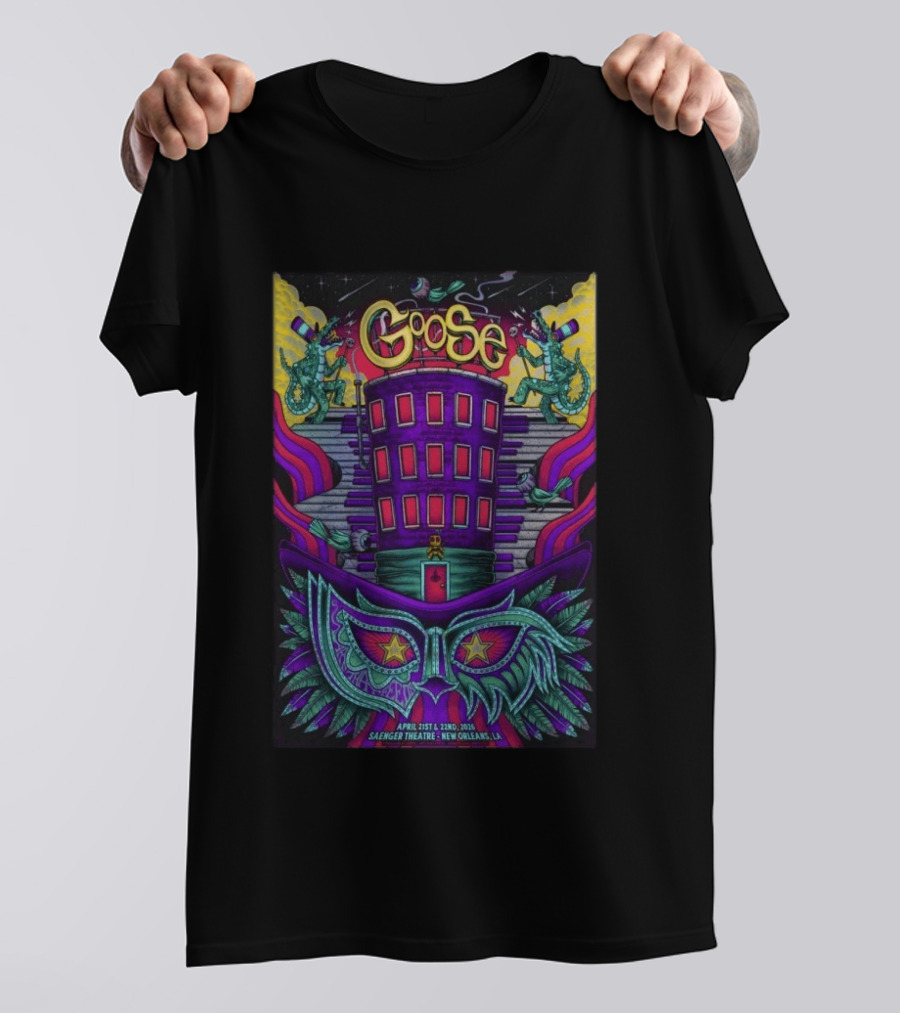 Goose Saenger Theatre New Orleans LA April 21 22 2026 Mardi Gras Gators Mask Art Deco T-Shirt
