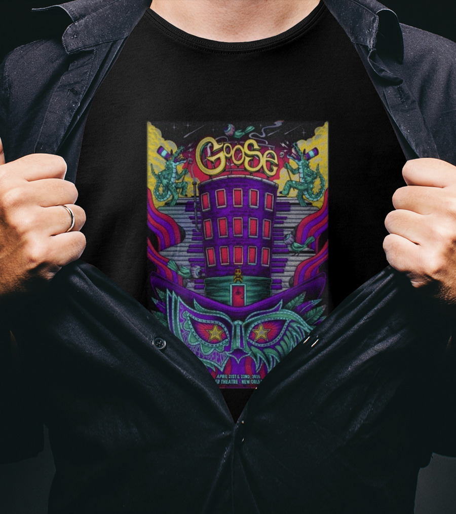 Goose Saenger Theatre New Orleans LA April 21 22 2026 Mardi Gras Gators Mask Art Deco T-Shirt