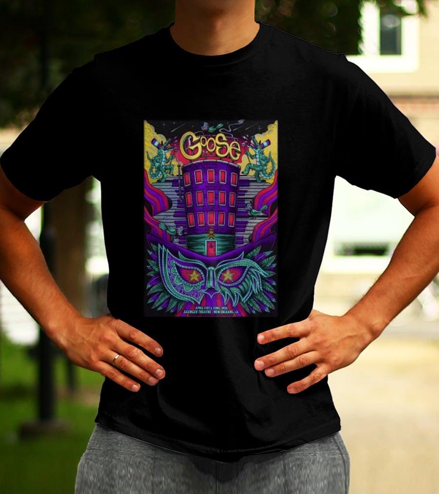 Goose Saenger Theatre New Orleans LA April 21 22 2026 Mardi Gras Gators Mask Art Deco T-Shirt