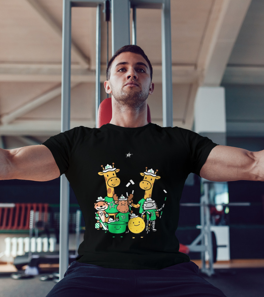 Dallas Stars Cartoon Characters Family Fun With Giraffe Moose Dog Bear And Cat T-Shirt