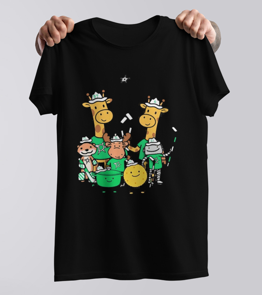 Dallas Stars Cartoon Characters Family Fun With Giraffe Moose Dog Bear And Cat T-Shirt