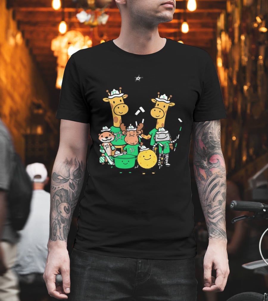 Dallas Stars Cartoon Characters Family Fun With Giraffe Moose Dog Bear And Cat T-Shirt