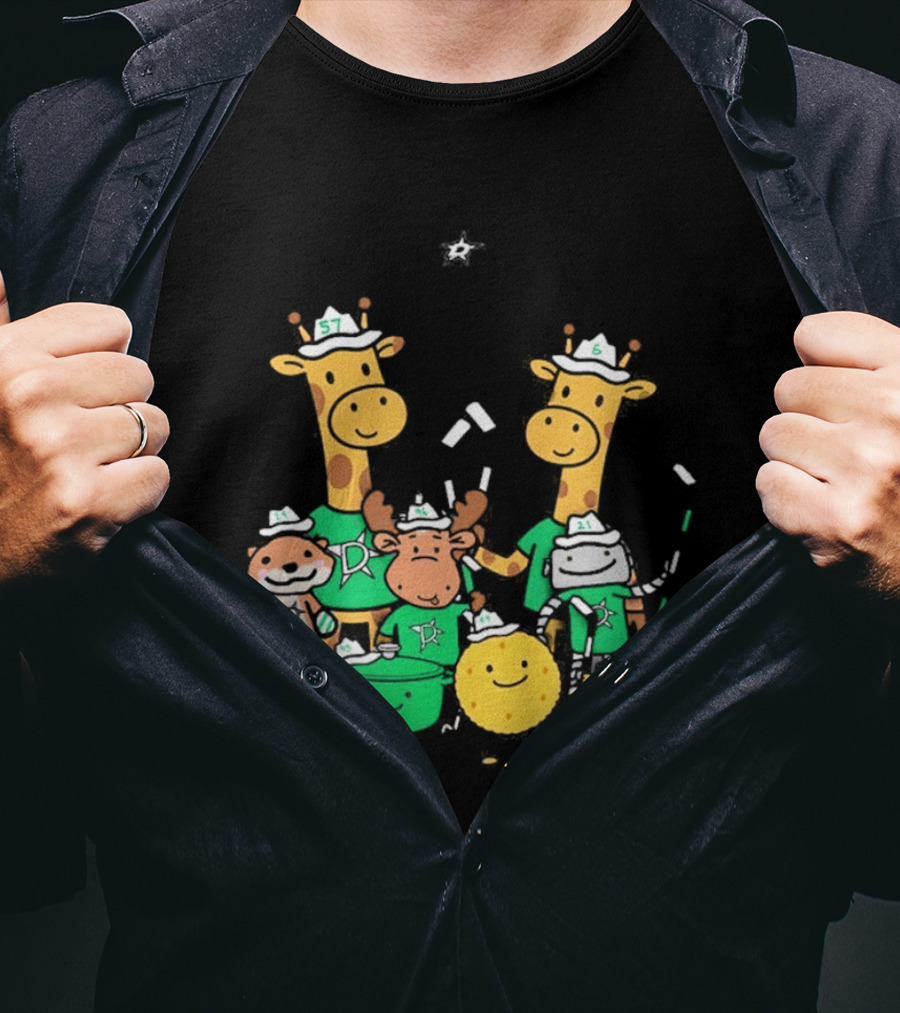 Dallas Stars Cartoon Characters Family Fun With Giraffe Moose Dog Bear And Cat T-Shirt