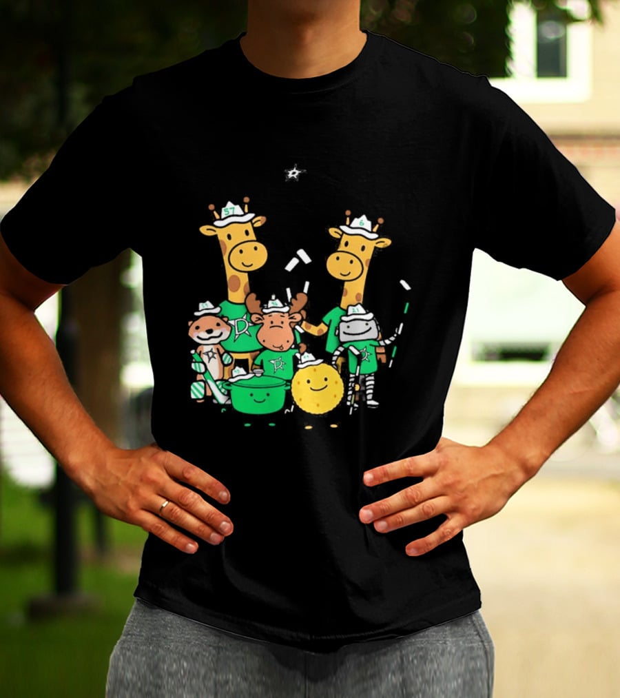 Dallas Stars Cartoon Characters Family Fun With Giraffe Moose Dog Bear And Cat T-Shirt
