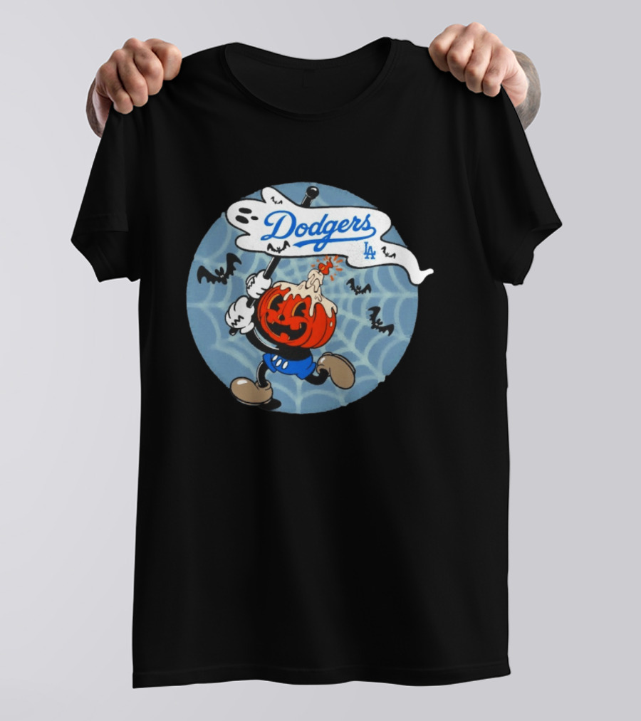 Los Angeles Dodgers Halloween Pumpkin Head Vintage Cartoon With Bats And Webs T-Shirt