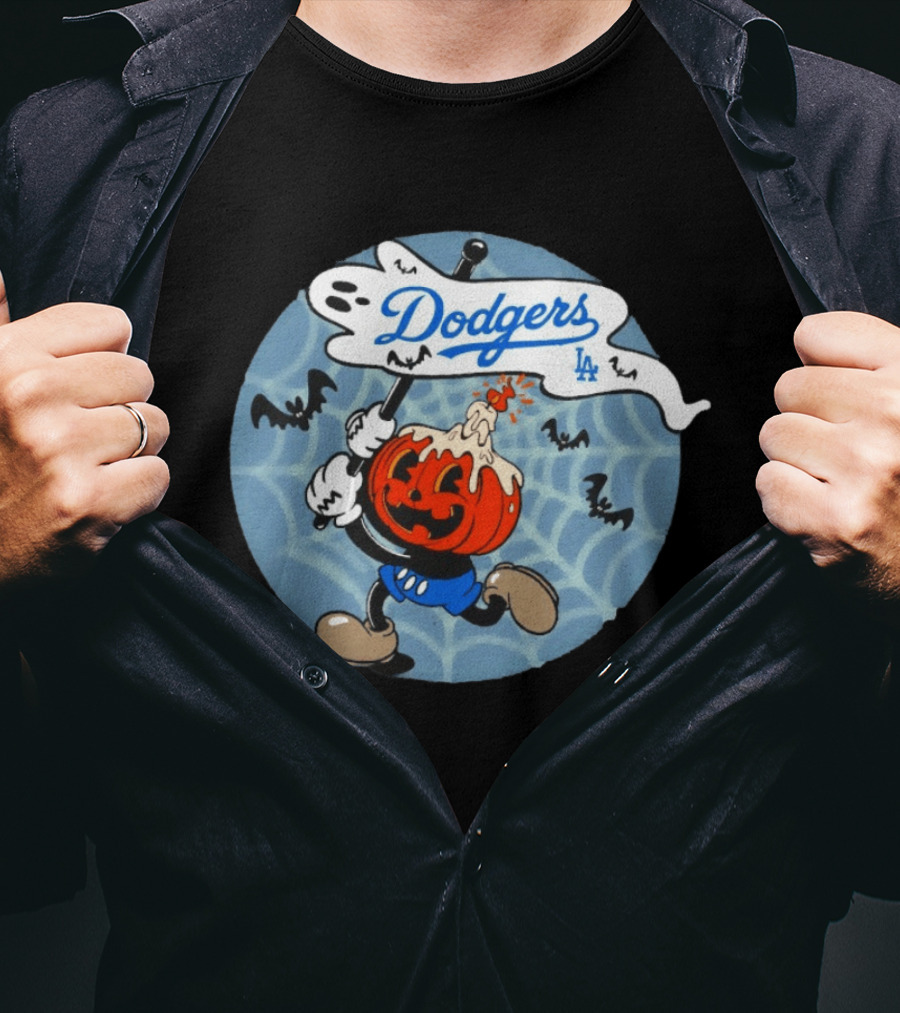 Los Angeles Dodgers Halloween Pumpkin Head Vintage Cartoon With Bats And Webs T-Shirt