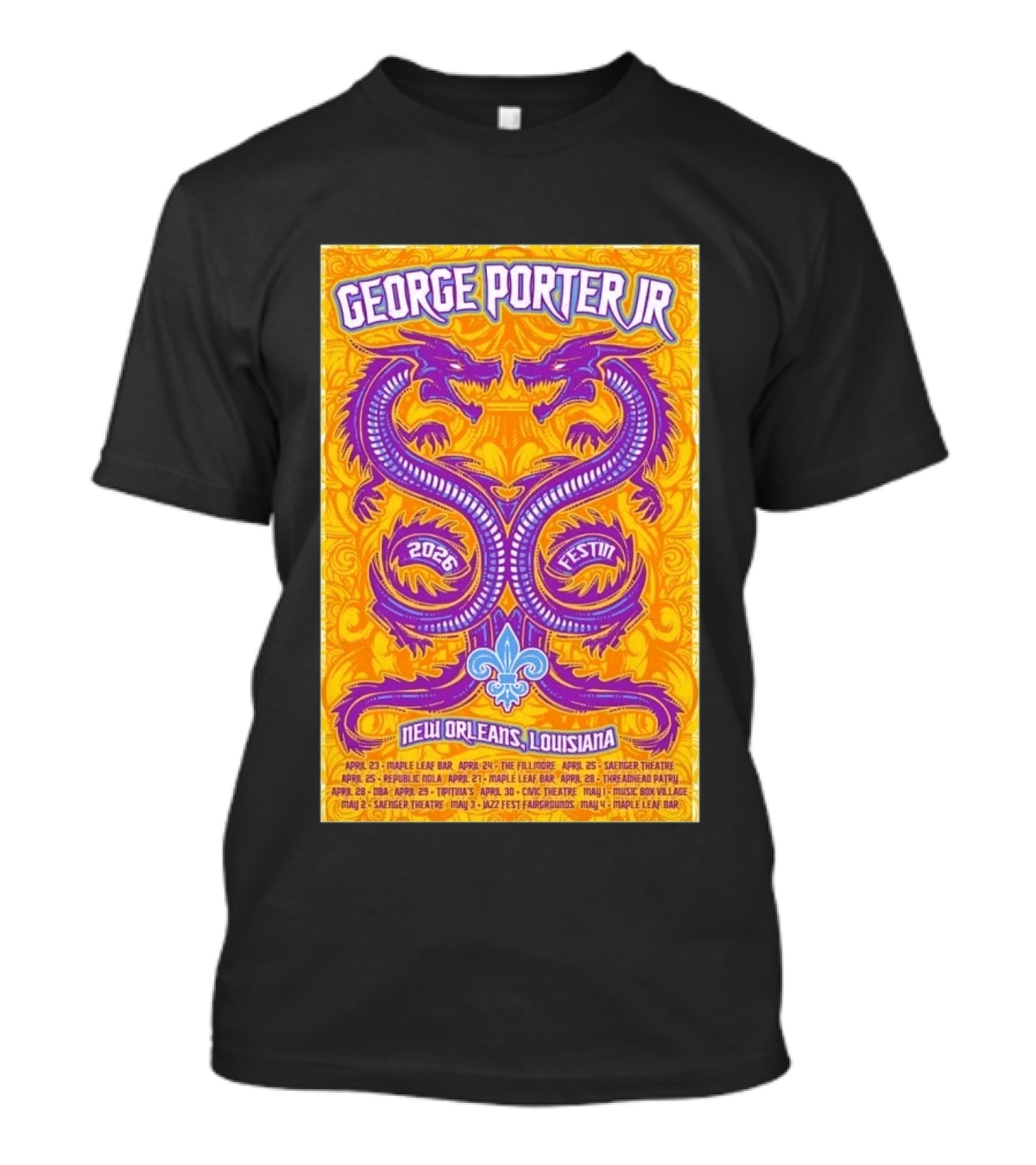 George Porter JR 2026 Fest In New Orleans Louisiana With Dragons And Fleur De Lis T-Shirt