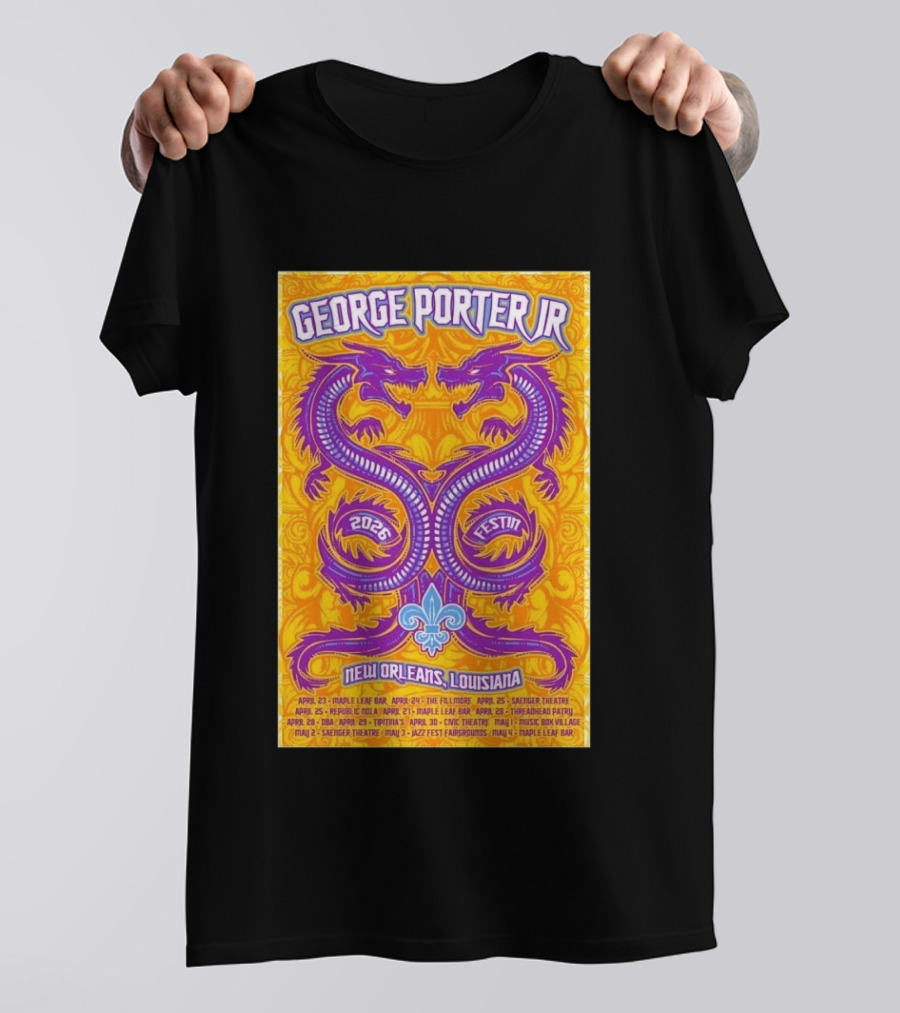 George Porter JR 2026 Fest In New Orleans Louisiana With Dragons And Fleur De Lis T-Shirt