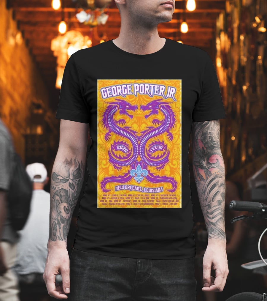 George Porter JR 2026 Fest In New Orleans Louisiana With Dragons And Fleur De Lis T-Shirt