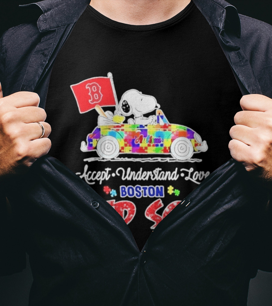 Snoopy Woodstock Boston Red Sox Driving Car Autism Awareness Accept Understand Love 2026 T-Shirt