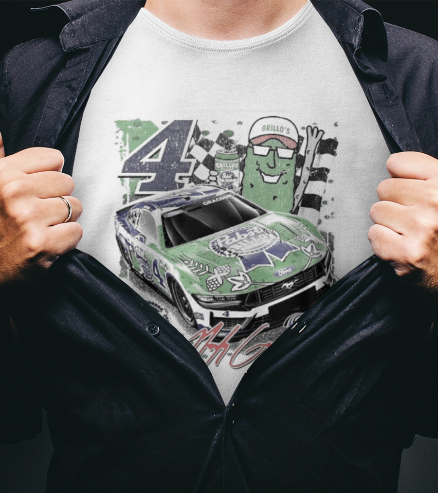 NASCAR Pabst Blue Ribbon Grillo's Pickles Car Number 4 Racing Collaboration T-Shirt