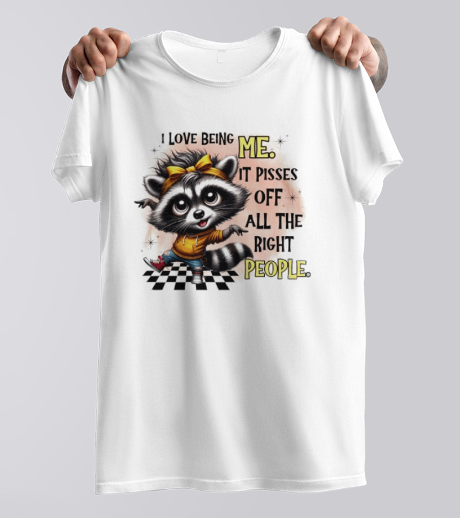 Raccoon I Love Being Me It Pisses Off All The Right People Yellow Bandana Denim Sneakers T-Shirt