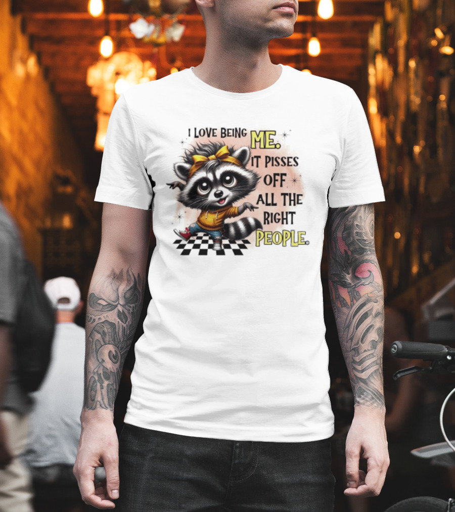 Raccoon I Love Being Me It Pisses Off All The Right People Yellow Bandana Denim Sneakers T-Shirt