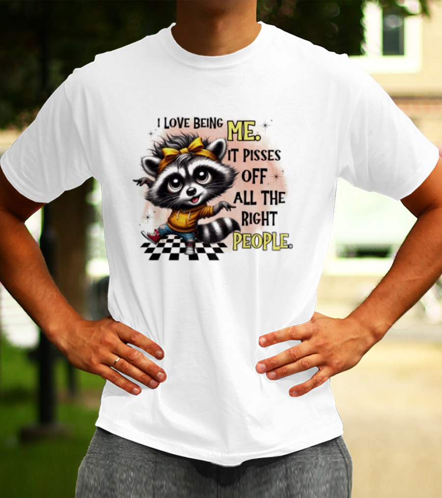 Raccoon I Love Being Me It Pisses Off All The Right People Yellow Bandana Denim Sneakers T-Shirt
