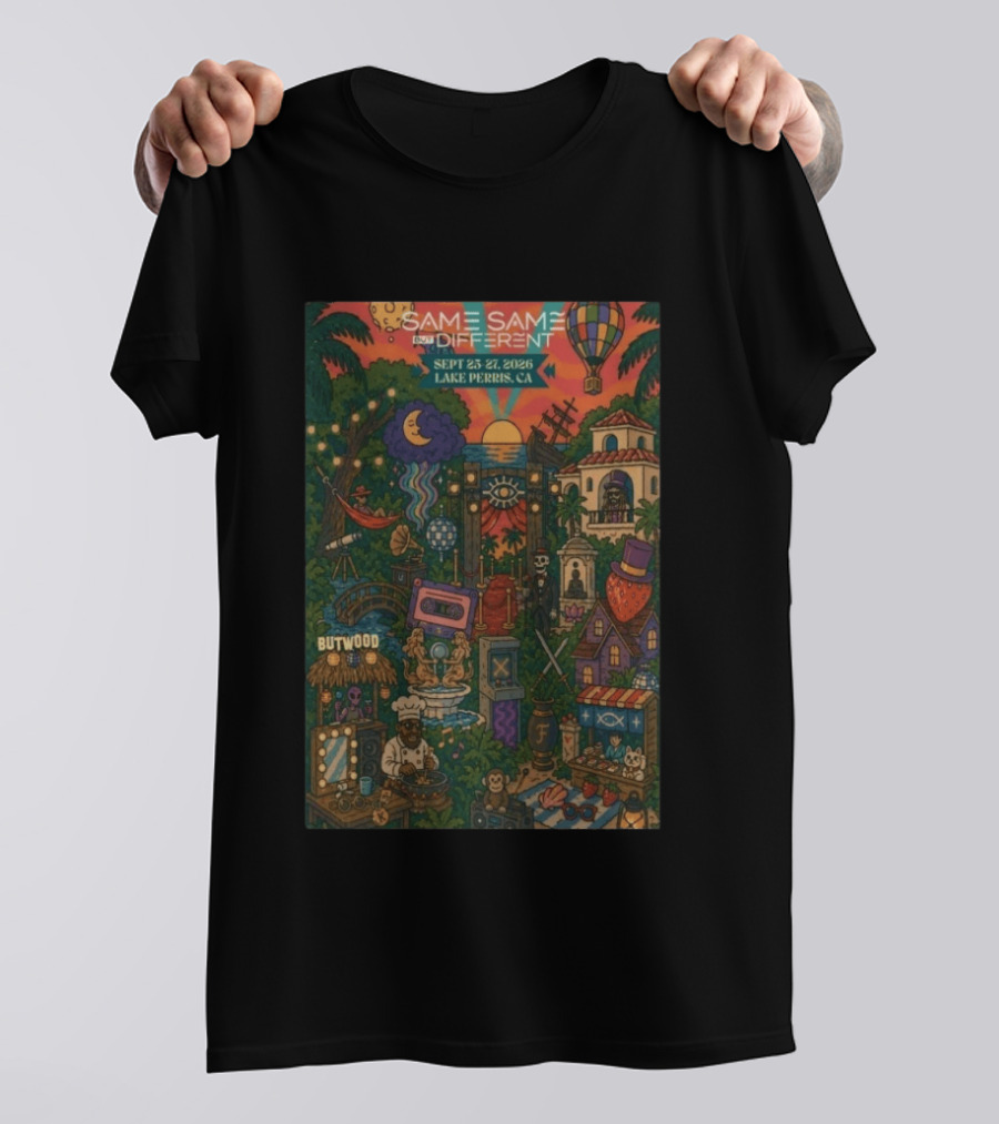 Same Same But Different Festival September 25 27 2026 Lake Perris CA Hot Air Balloon Tropical Landscape T-Shirt