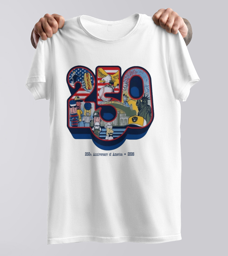 Milwaukee Brewers American Baseball Hotdog Eagle Statue Of Liberty 250th Anniversary Celebration T-Shirt