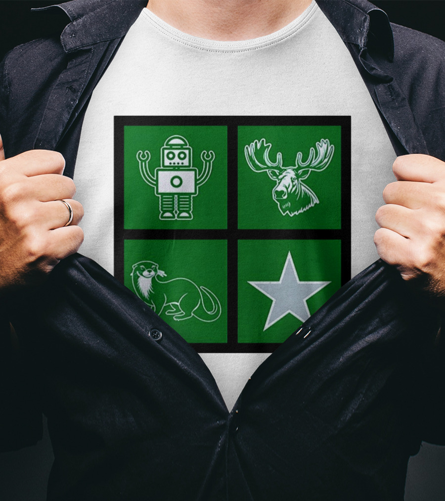 Robot Moose Otter Star Quadrant On Green T-Shirt