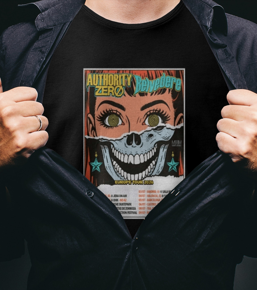 Authority Zero Belvedere Europe Tour 2026 Featuring Futuristic Comic Art Style With Date And Venue List T-Shirt