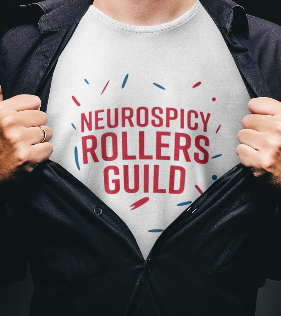 Neurospicy Rollers Guild Colorful Text Design With Red And Blue Accents T-Shirt