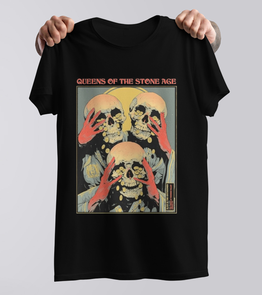 Queens Of The Stone Age Lincoln CA 5.1.2026 Skull Imagery With Coins T-Shirt