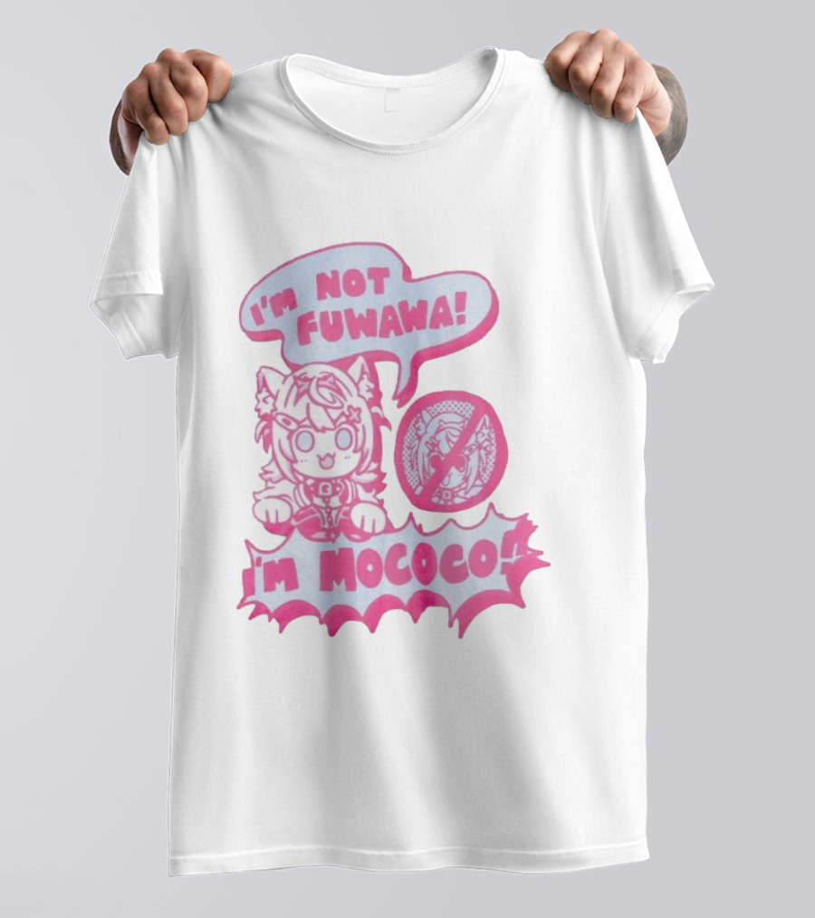 I'm Not Fuwawa I'm Mococo Anime Character Expression Pink And White Speech Bubbles T-Shirt