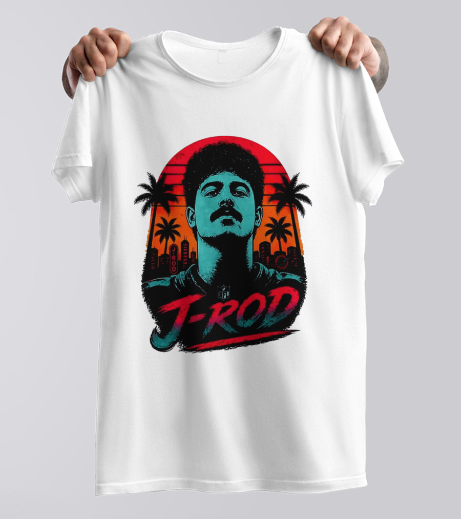 J Rod Retro Sunset Vibes With NFL And Palm Trees T-Shirt