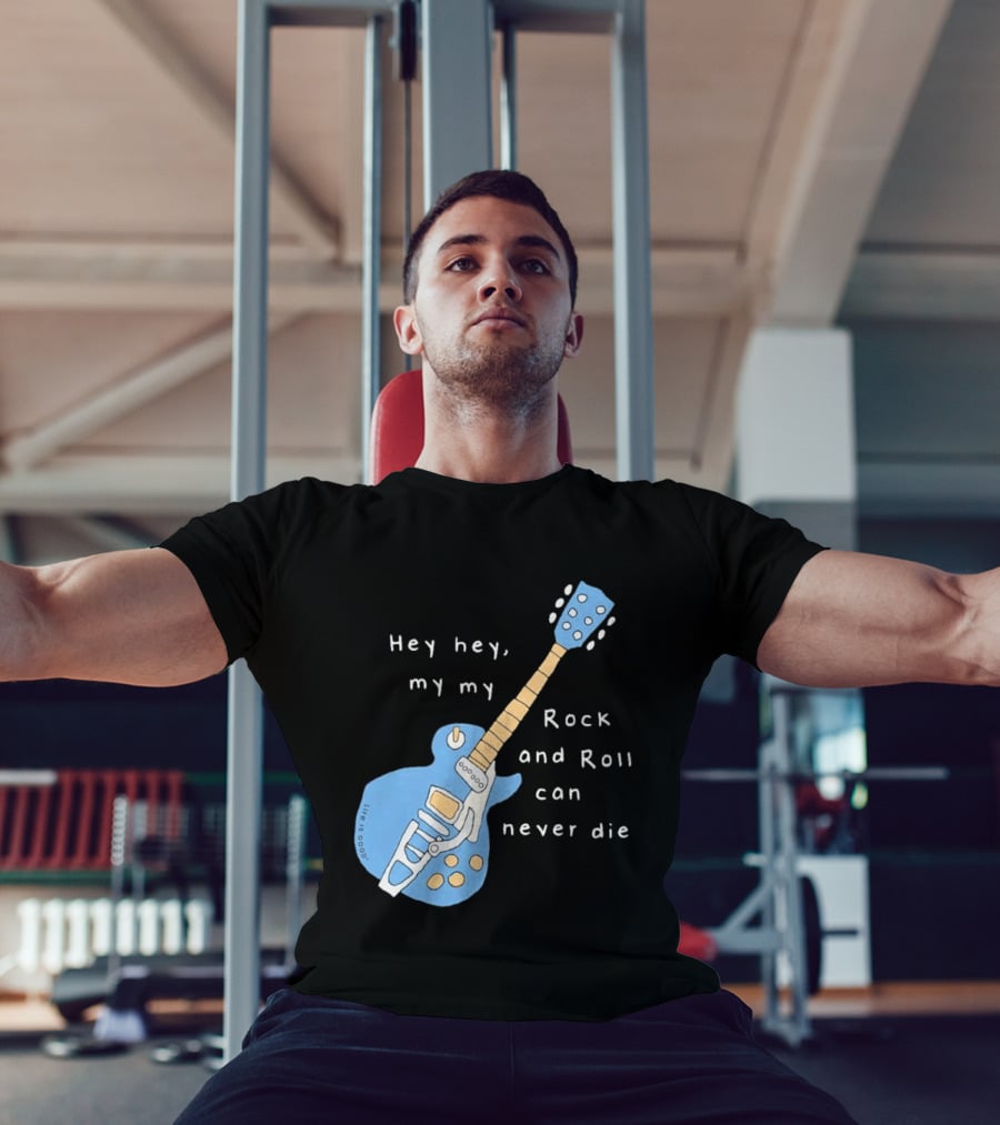 Hey Hey My My Rock And Roll Can Never Die Blue Guitar T-Shirt