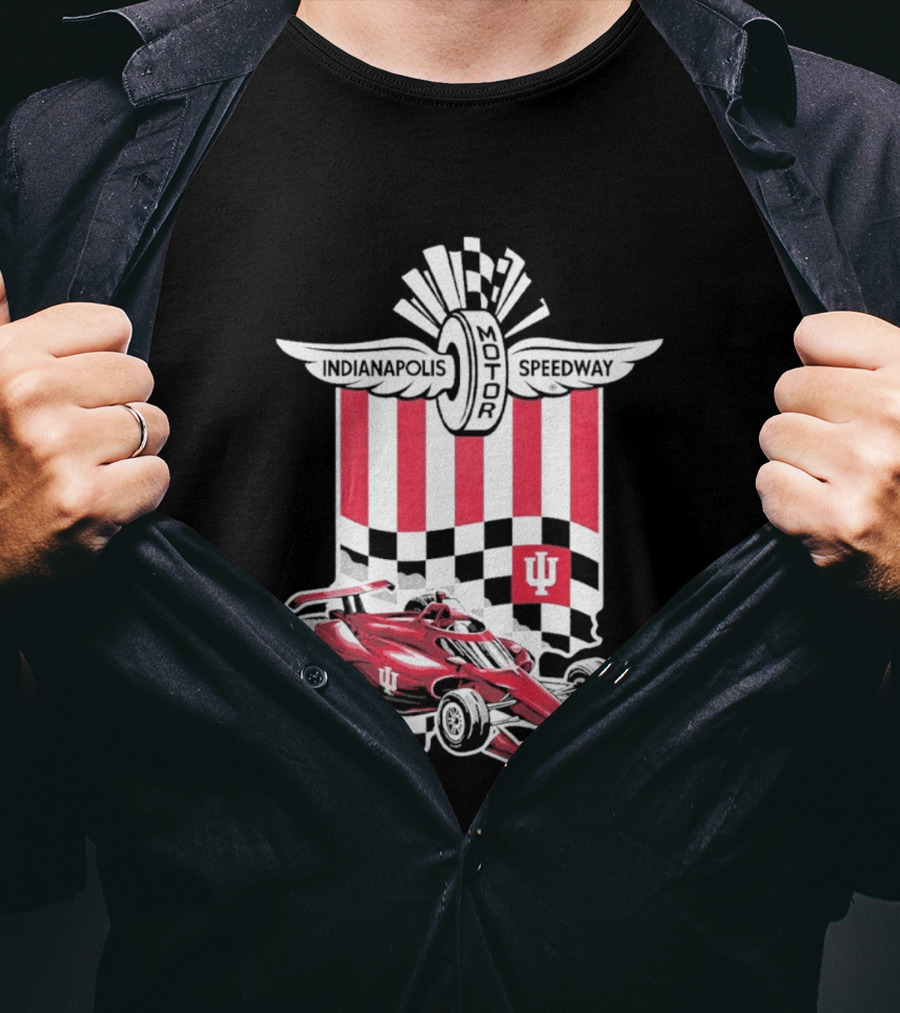 Indiana Hoosiers Red Race Car Indianapolis Motor Speedway Checker Flag T-Shirt