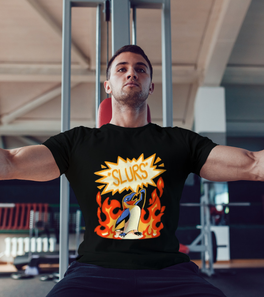 Penguin Slurs Cartoon Flaming Penguin In Fiery Speech Bubble T-Shirt