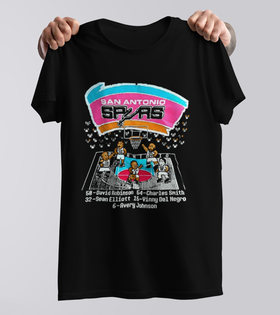 San Antonio Spurs 8 Bit Caricature David Robinson Charles Smith Sean Elliott Vinny Del Negro Avery Johnson NBA T-Shirt