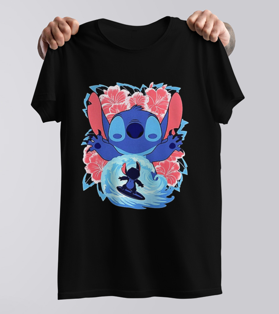 Lilo And Stitch Surfing Tropical Hibiscus Flowers T-Shirt