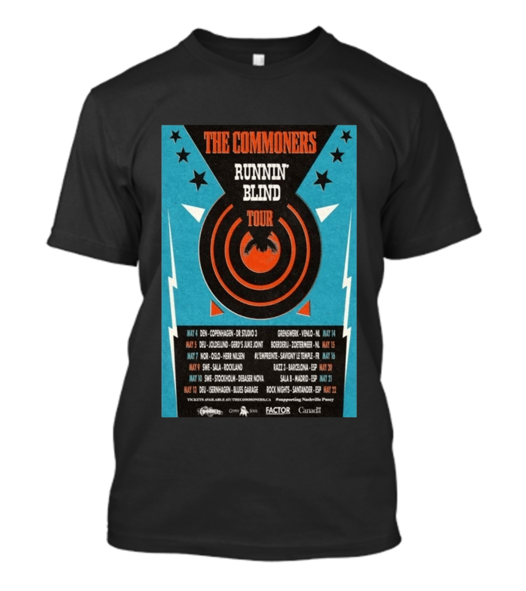 The Commoners Runnin Blind Tour 2026 Europe Dates Copenhagen Oslo Barcelona Madrid T-Shirt