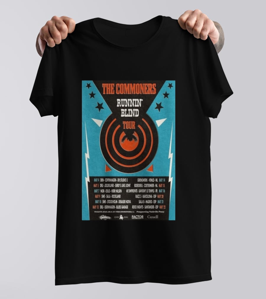 The Commoners Runnin Blind Tour 2026 Europe Dates Copenhagen Oslo Barcelona Madrid T-Shirt
