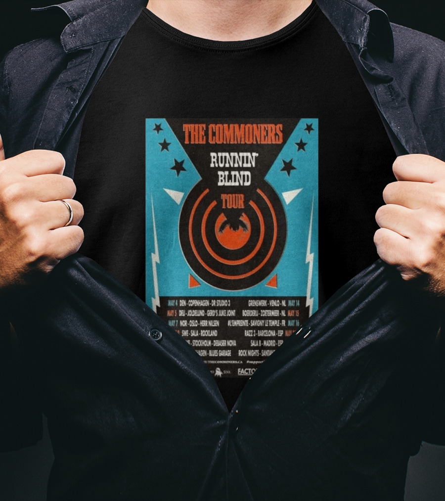 The Commoners Runnin Blind Tour 2026 Europe Dates Copenhagen Oslo Barcelona Madrid T-Shirt