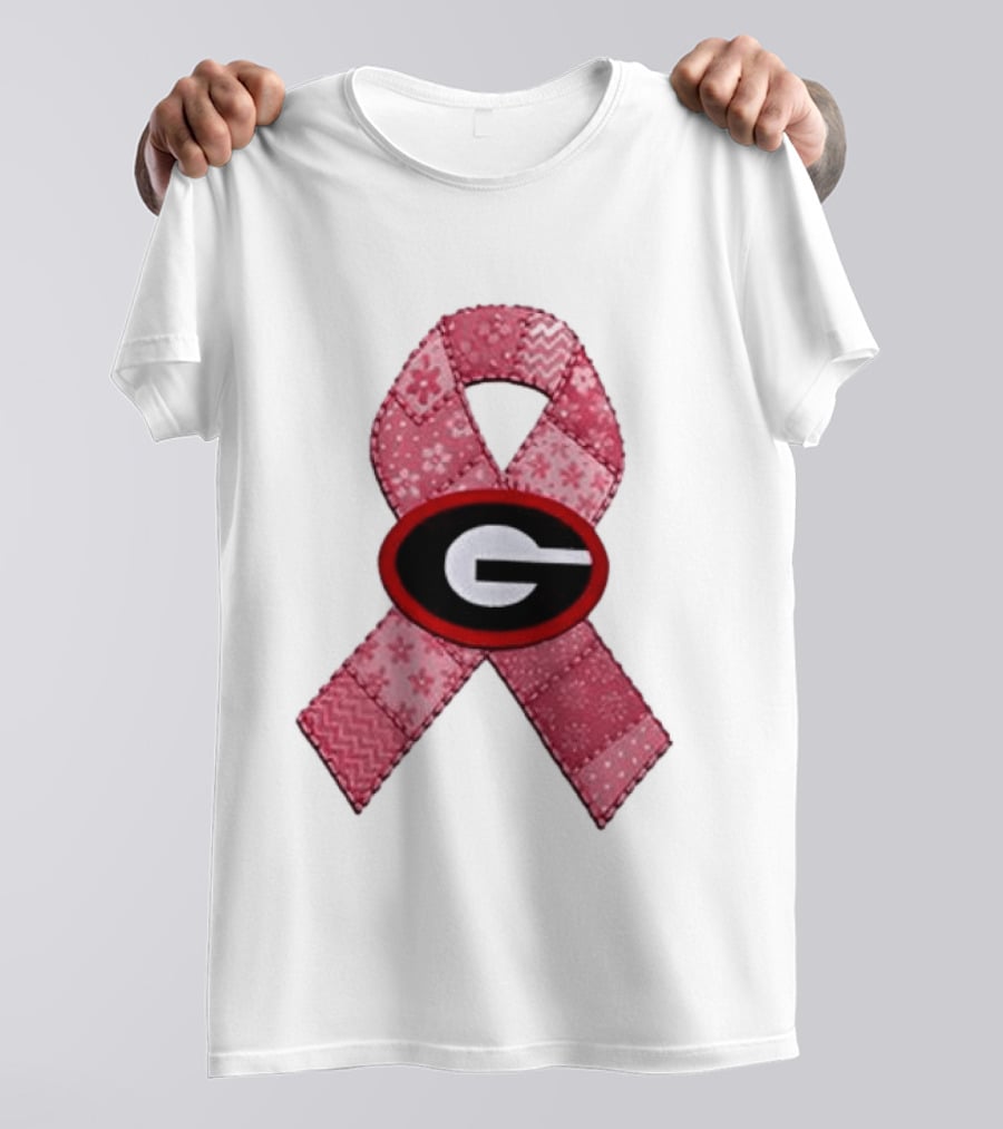 Georgia Bulldogs Patchwork Pink Ribbon Breast Cancer Awareness T-Shirt