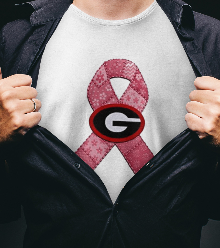 Georgia Bulldogs Patchwork Pink Ribbon Breast Cancer Awareness T-Shirt