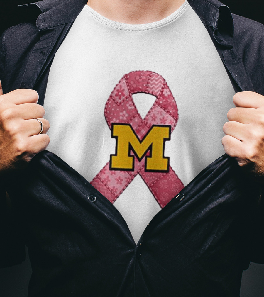 Michigan Wolverines Breast Cancer Awareness Pink Ribbon Patch T-Shirt