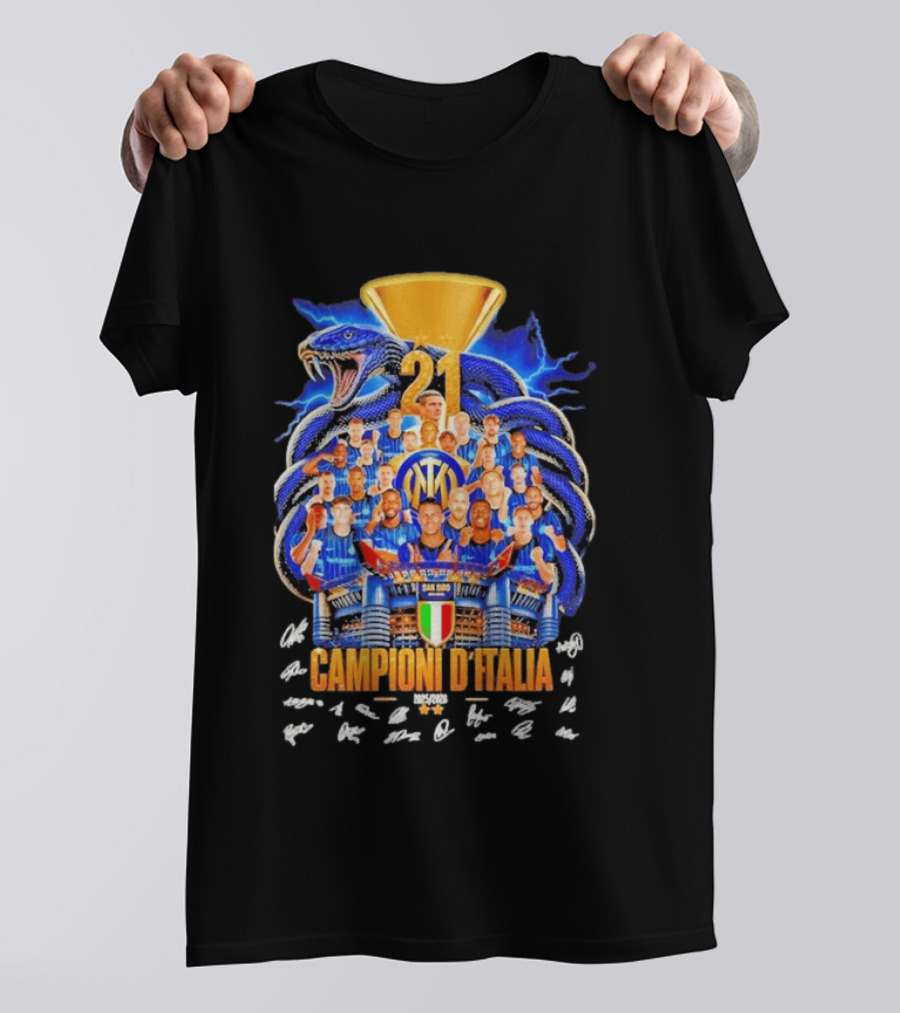 Inter Milan FC Campioni D'Italia 2025 26 San Siro Snake Trophy Signatures T-Shirt