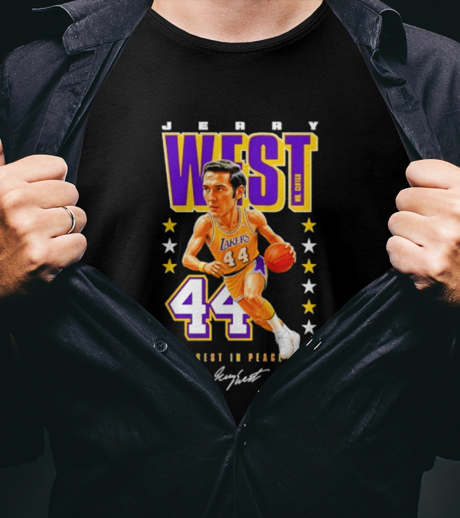 Jerry West Lakers 44 Rest In Peace Caricature Basketball Legend T-Shirt