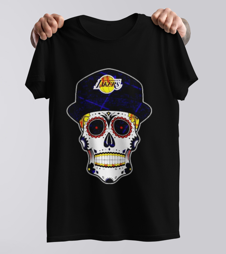 Los Angeles Lakers Sugar Skull Día De Muertos Hat Butterfly T-Shirt